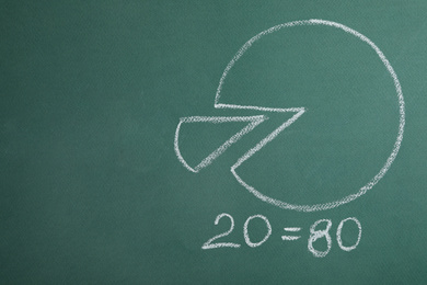 Pie chart with numbers 20 and 80 on green background, space for text. Pareto principle concept