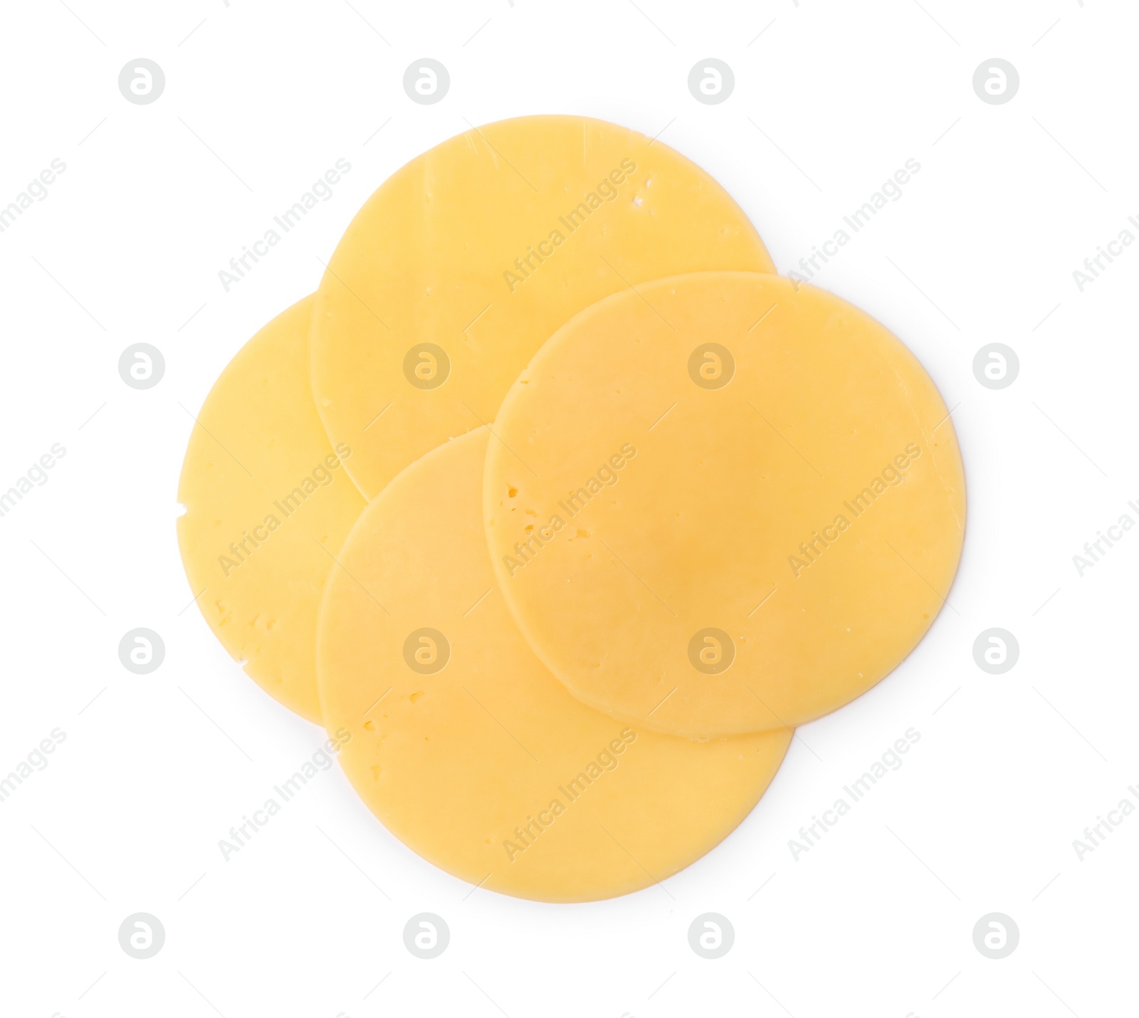 Photo of Slices of tasty fresh cheese isolated on white, top view