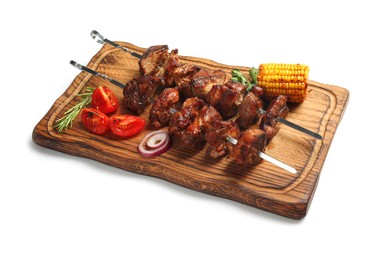 Photo of Metal skewers with delicious shish kebabs, rosemary, parsley and vegetables isolated on white