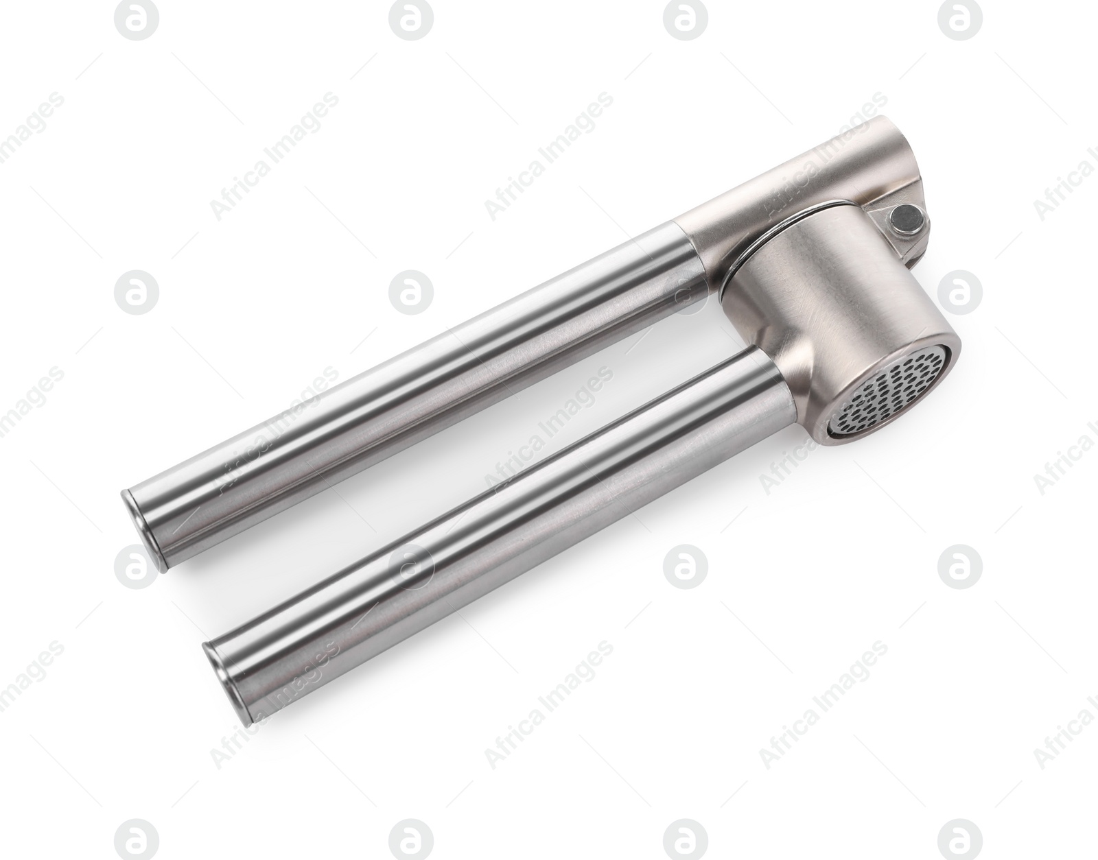 Photo of One metal garlic press isolated on white, above view