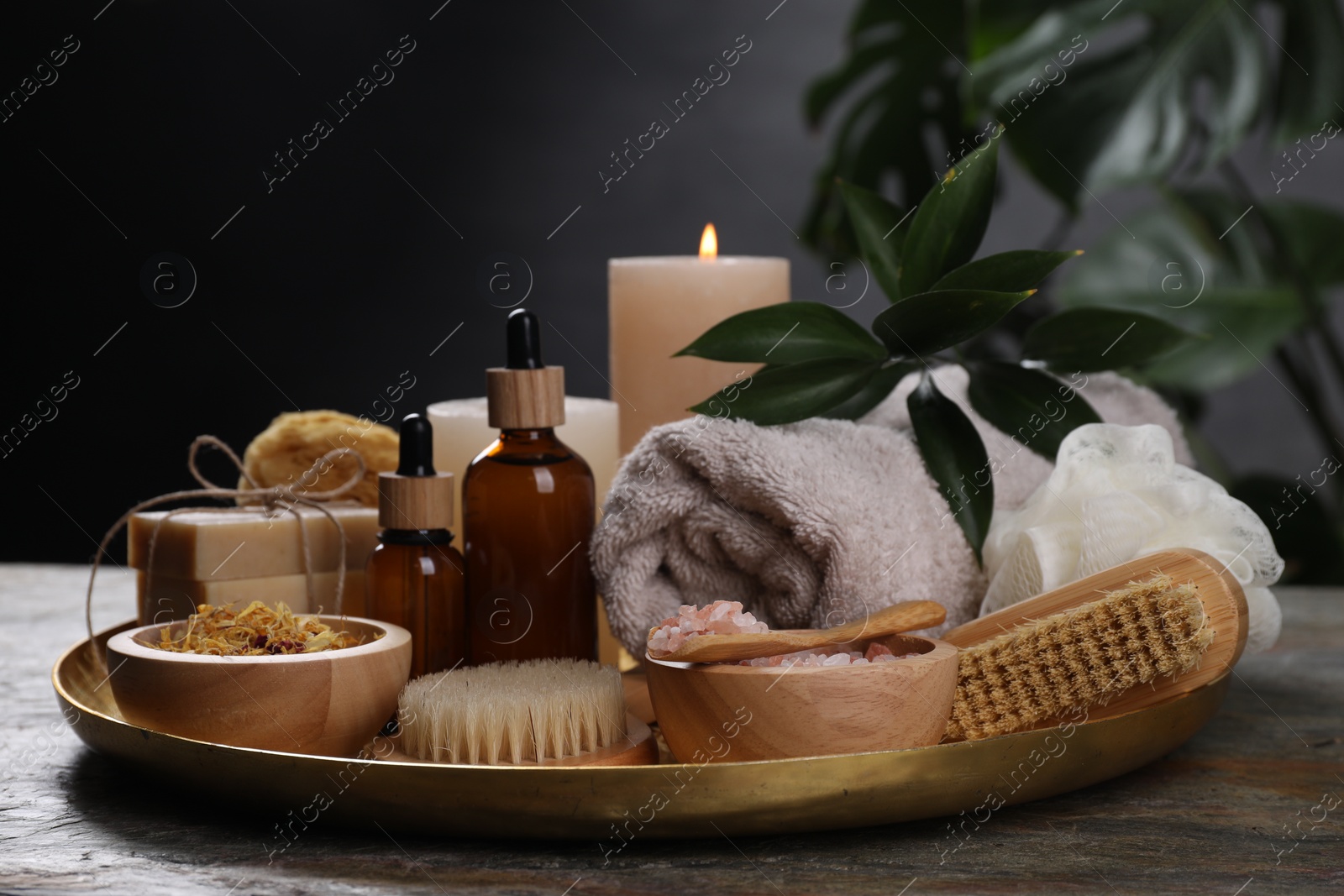 Photo of Spa composition. Brushes, bottles and sea salt on grey textured table, closeup