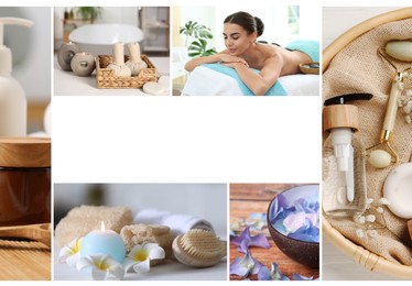 Image of Beauty and health care, collage. Photo of woman relaxing in spa salon, different supplies and products. Space for text