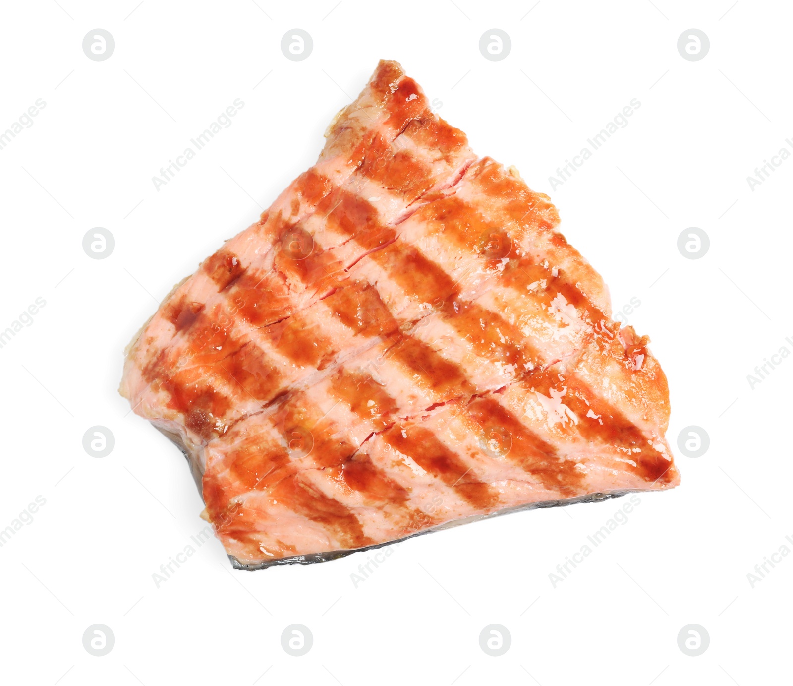 Photo of Piece of tasty grilled salmon on white background, top view