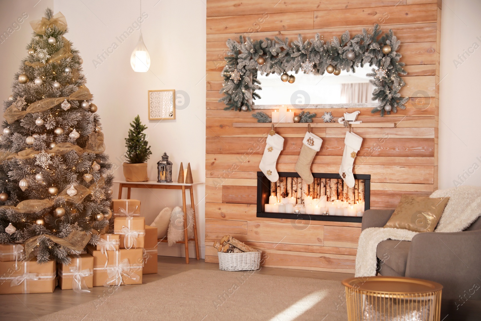 Photo of Beautiful interior of living room with decorated Christmas tree