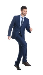 Photo of Businessman walking on white background. Career ladder