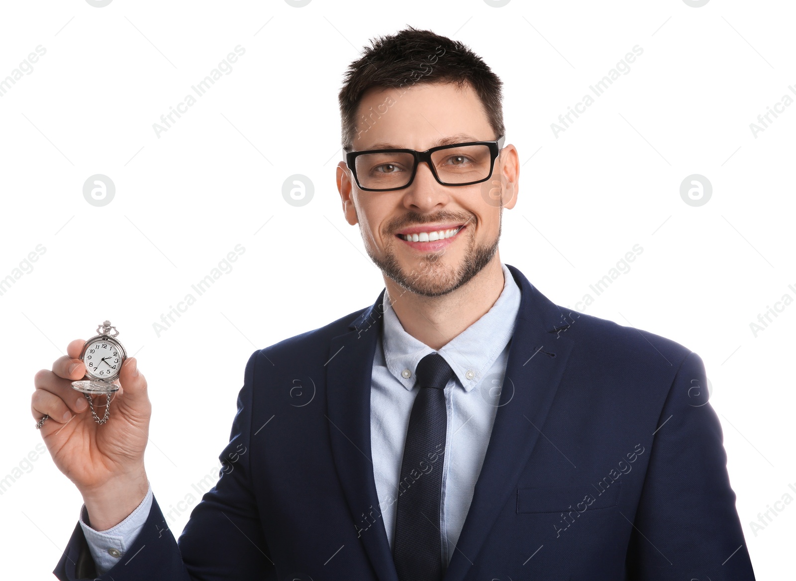 Photo of Happy businessman holding pocket watch on white background. Time management