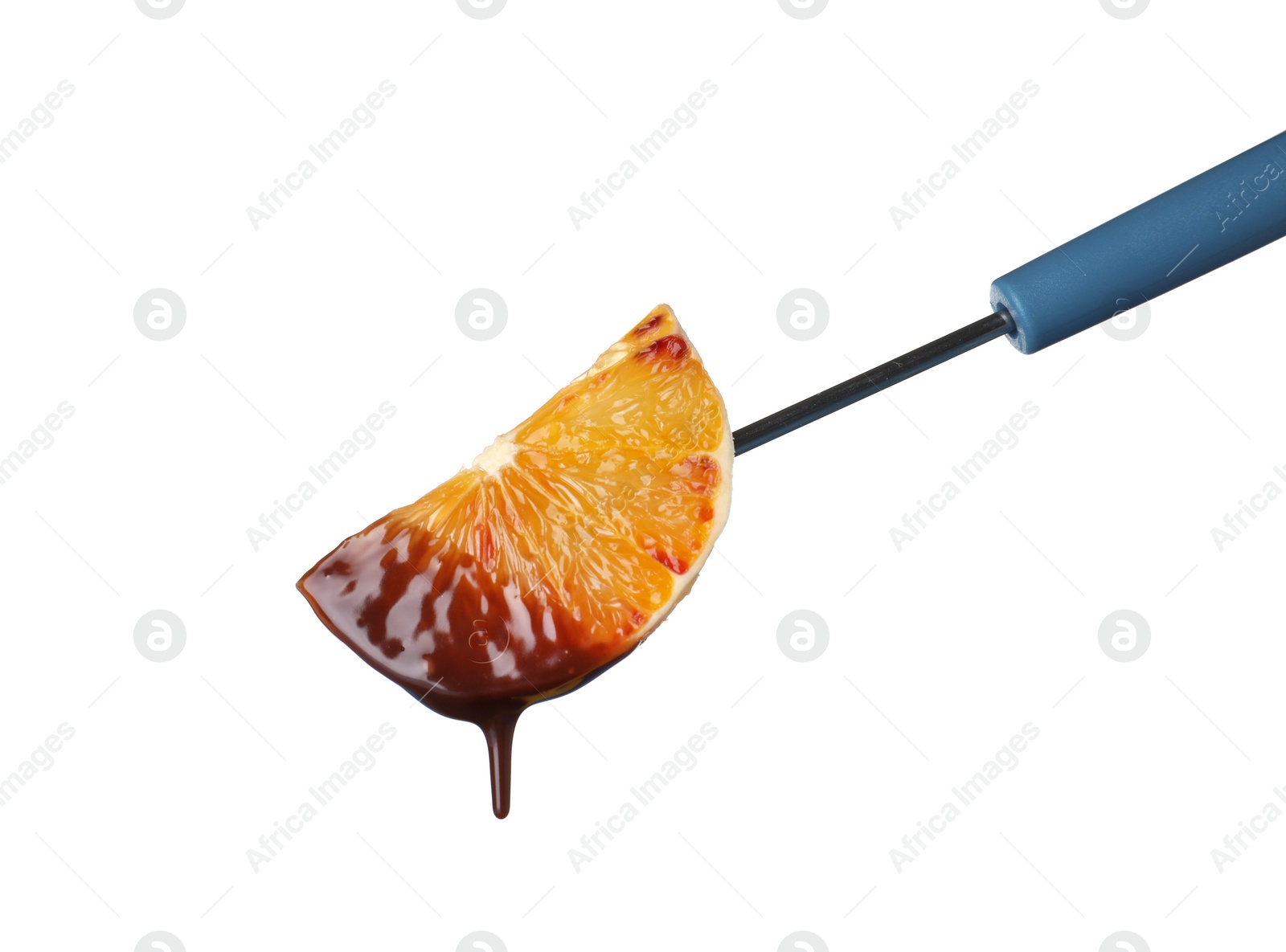 Photo of Fork with orange slice dipped into chocolate fondue on white background