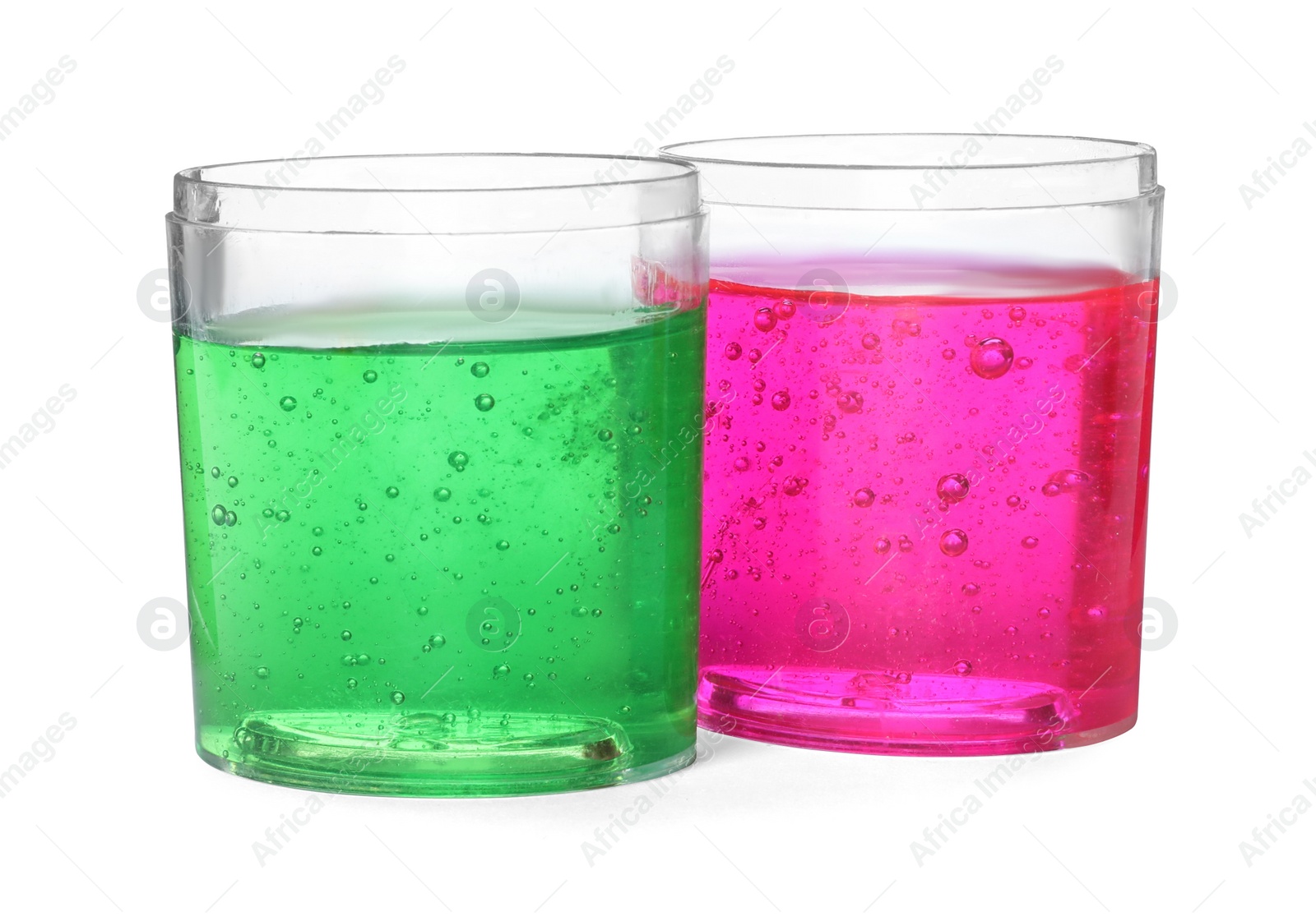 Photo of Colorful slimes in plastic containers isolated on white. Antistress toy