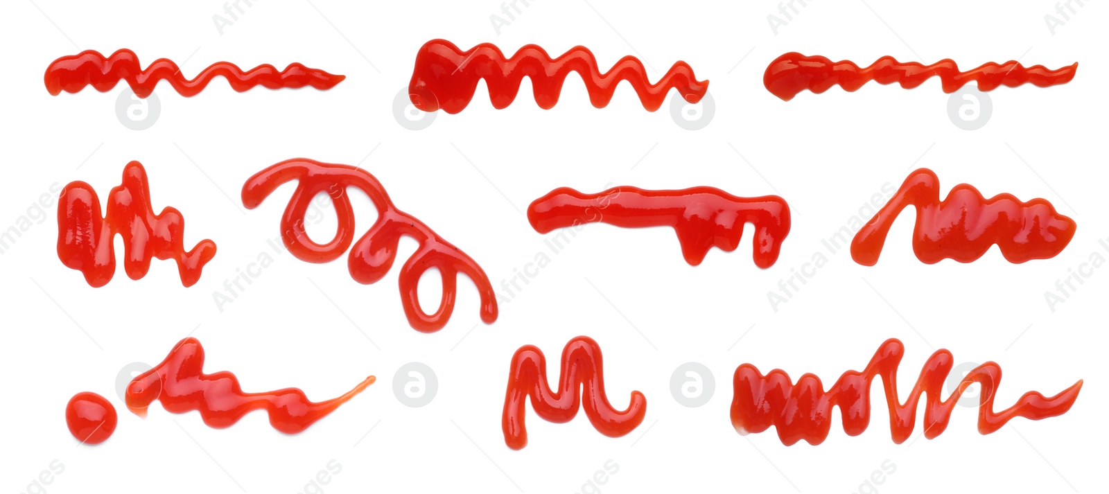 Image of Set of different ketchup smears on white background, top view