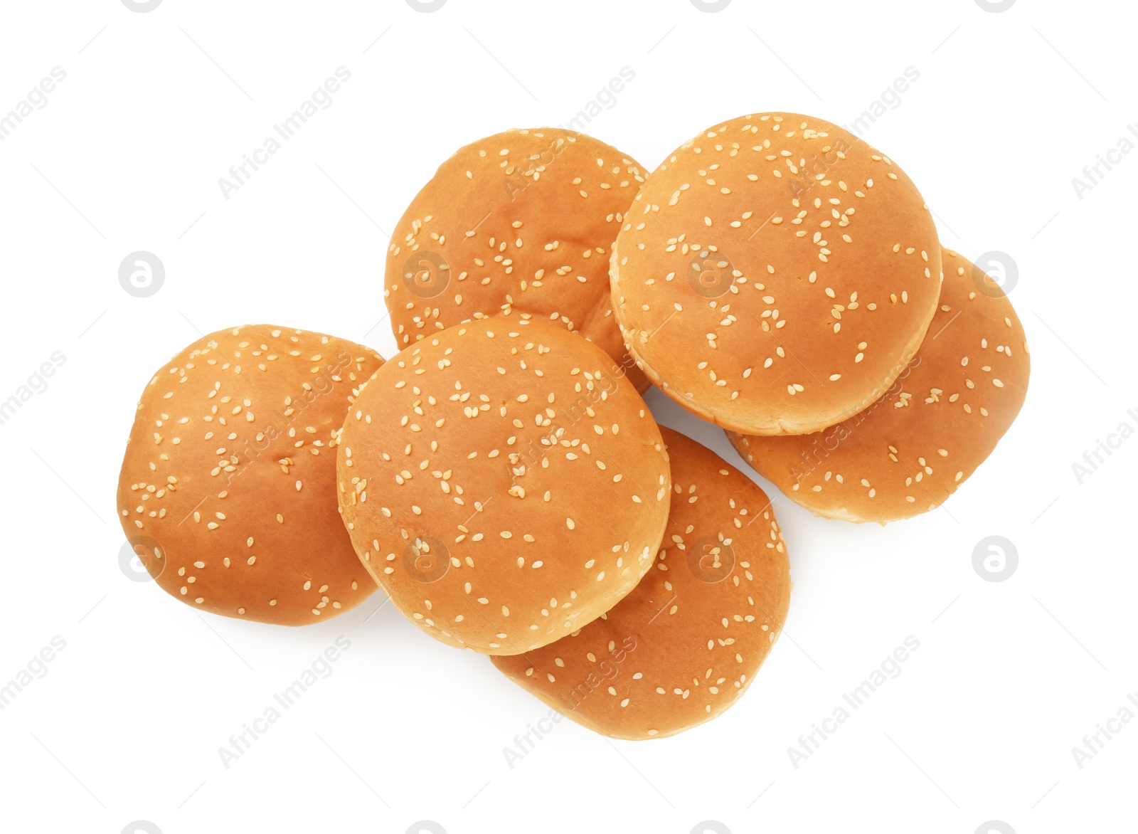 Photo of Fresh hamburger buns isolated on white, top view