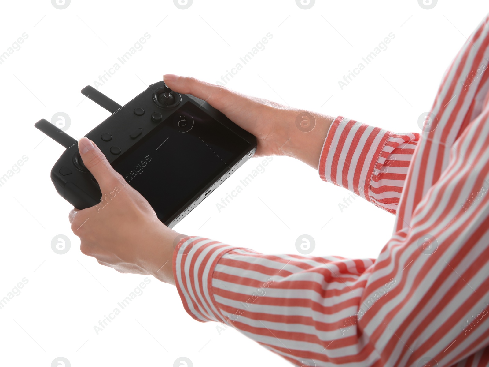 Photo of Woman holding new modern drone controller on white background, closeup of hands