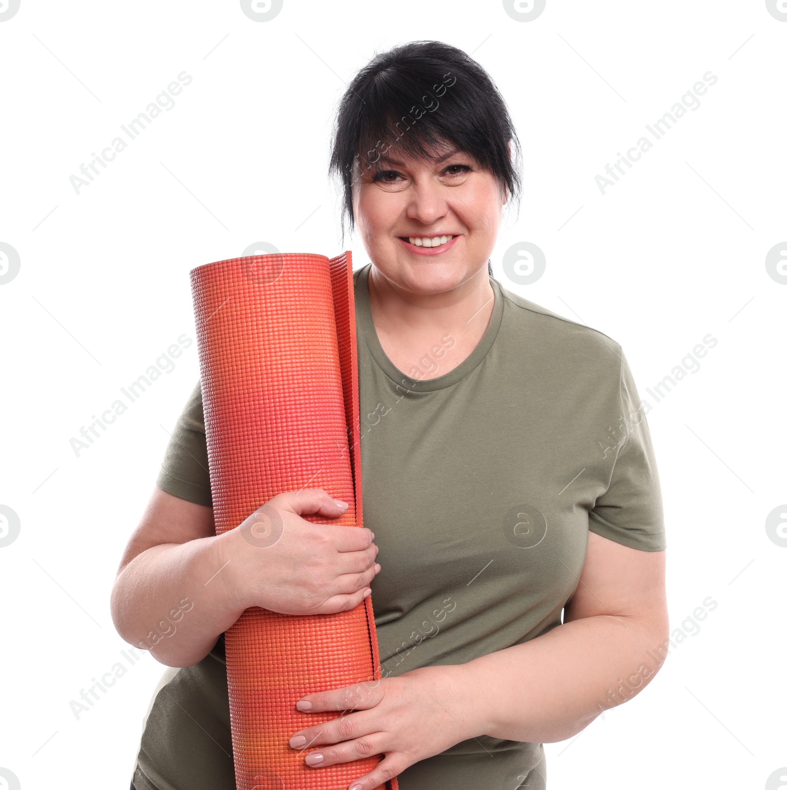 Photo of Happy overweight mature woman with yoga mat on white background