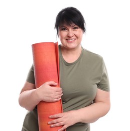 Photo of Happy overweight mature woman with yoga mat on white background