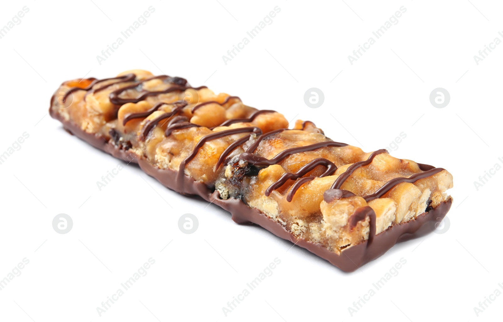 Photo of Grain cereal bar with chocolate on white background. Healthy snack