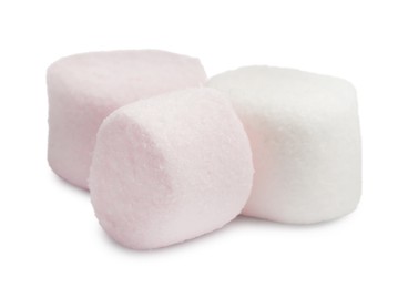 Photo of Delicious sweet puffy marshmallows on white background