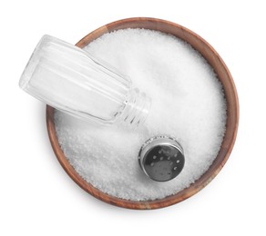 Photo of Natural salt and shaker in bowl isolated on white, top view