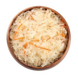 Photo of Wooden bowl of tasty fermented cabbage with carrot isolated on white, top view