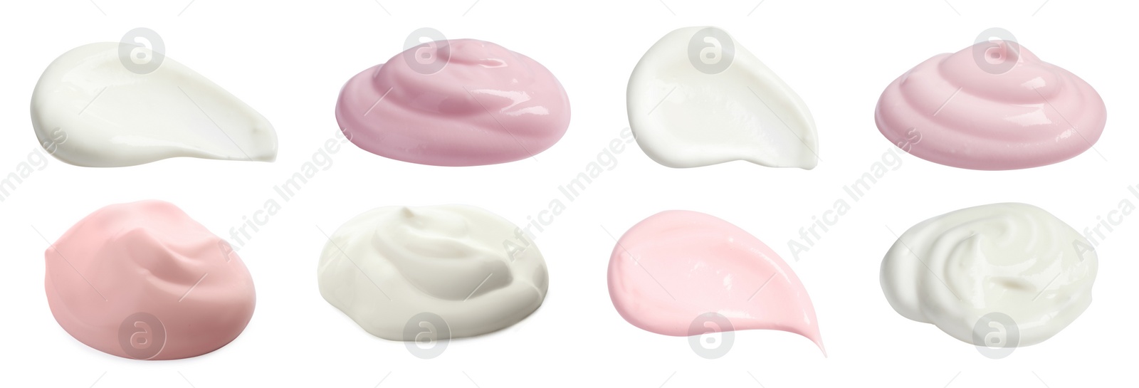 Image of Set with tasty yogurts on white background. Banner design