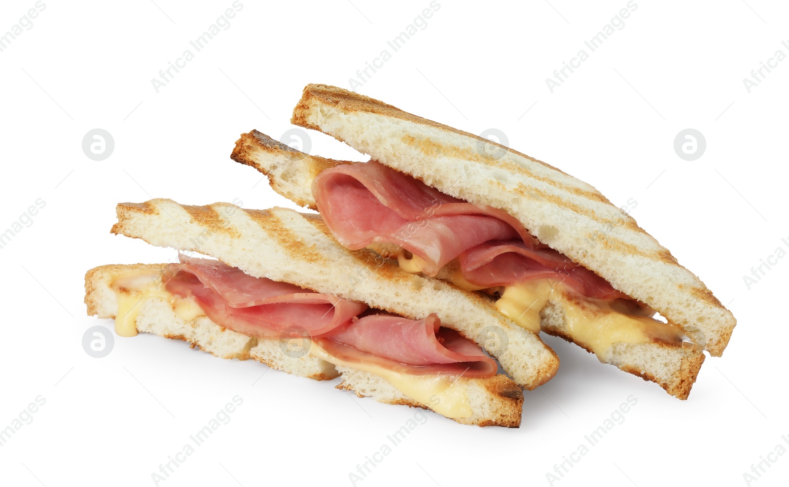 Photo of Tasty sandwiches with ham and melted cheese isolated on white