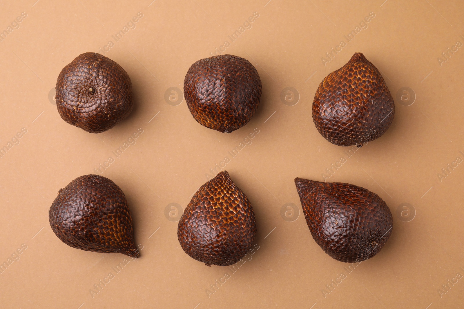 Photo of Delicious salak fruits on pale brown background, flat lay