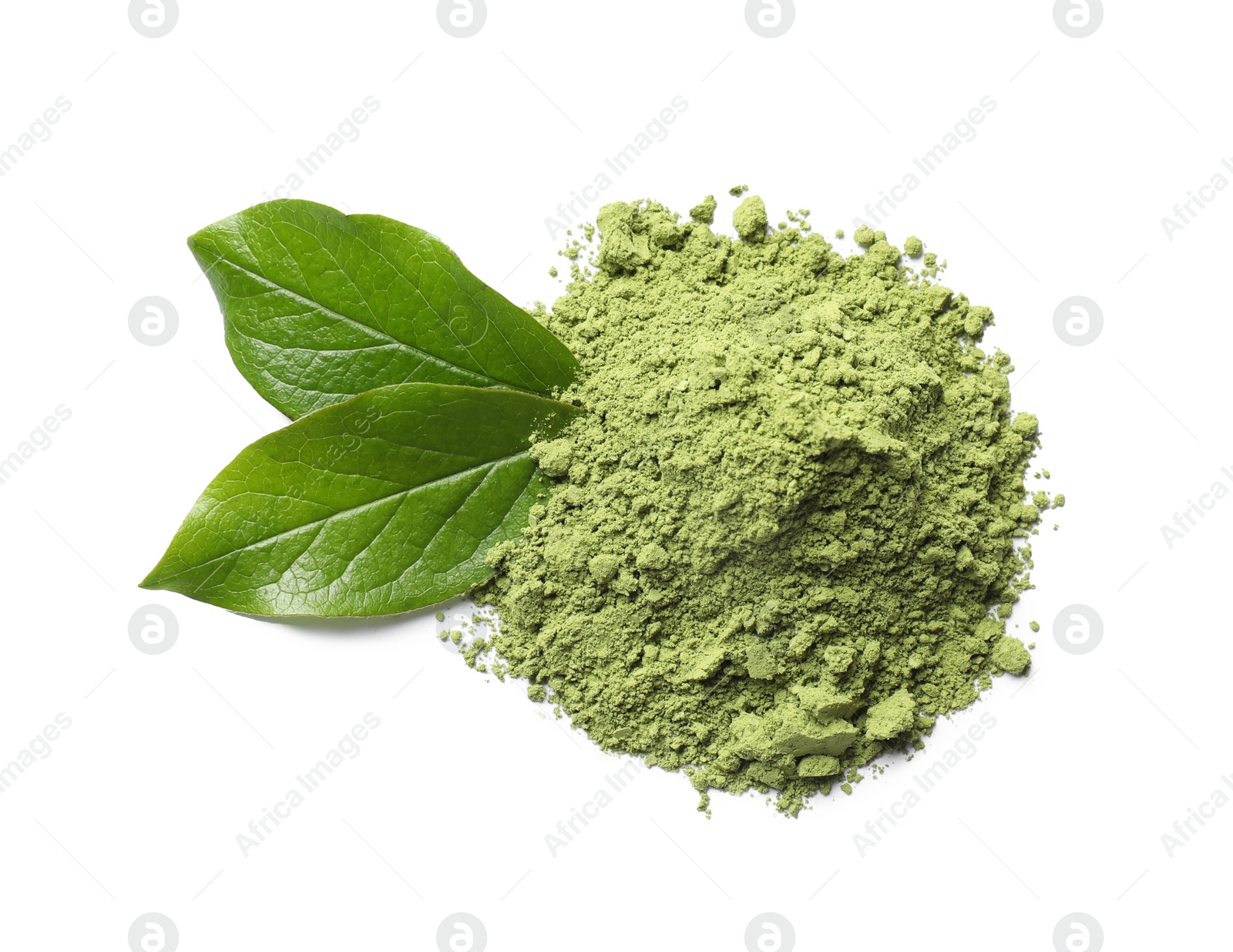 Photo of Pile of green matcha powder and leaves isolated on white, top view