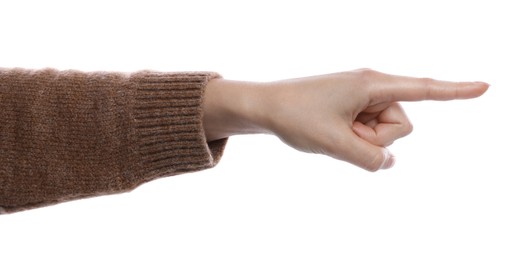 Photo of Woman pointing with index finger on white background, closeup