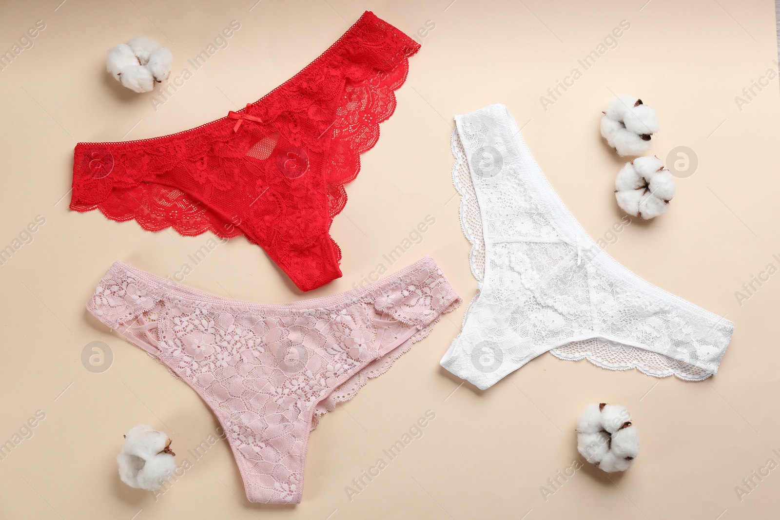 Photo of Women's underwear and cotton flowers on beige background, flat lay