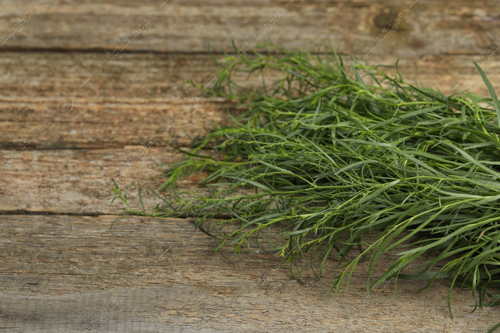 Photo of Fresh tarragon sprigs on wooden table, closeup. Space for text