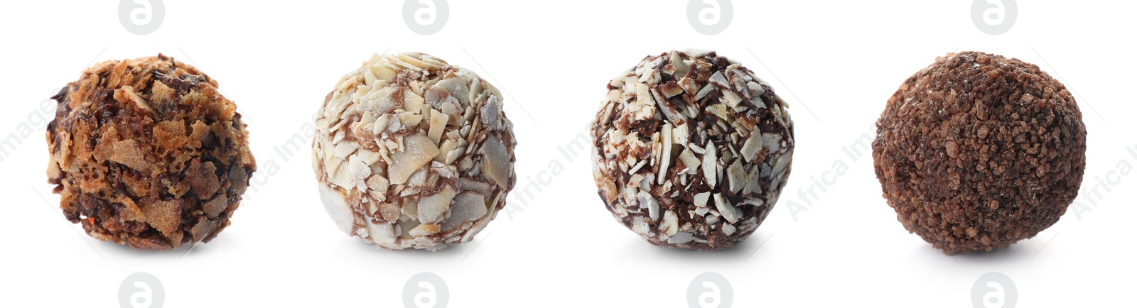 Image of Set with different chocolate candies on white background. Banner design