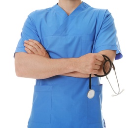 Closeup of male doctor in scrubs with stethoscope isolated on white. Medical staff