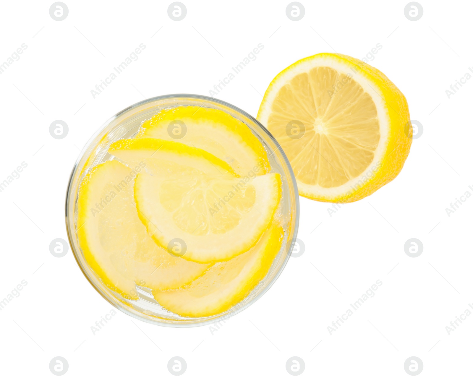Photo of Soda water with lemon slices and fresh fruit on white background, top view