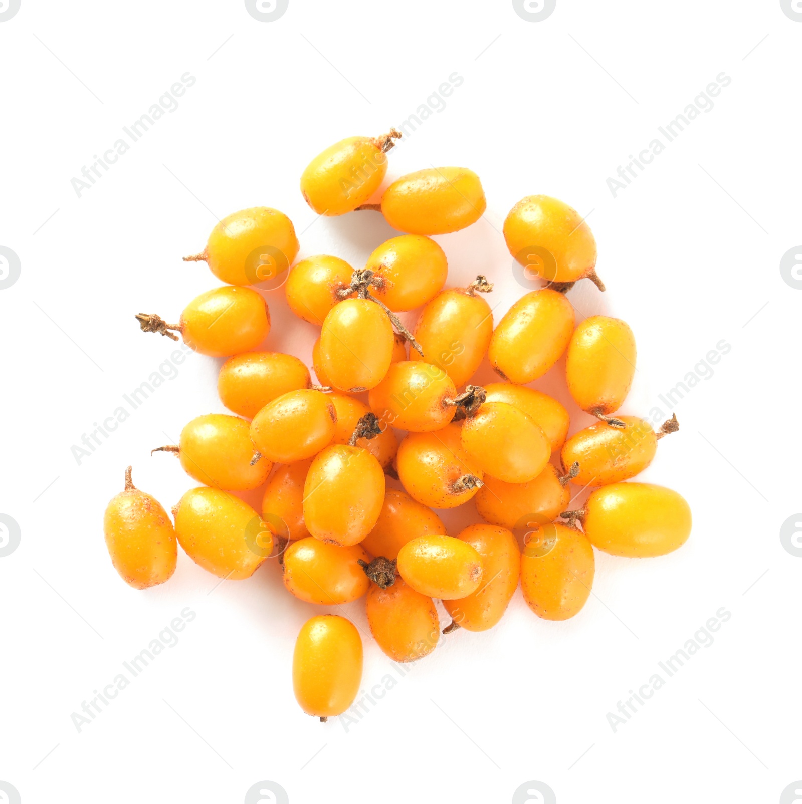 Photo of Fresh ripe sea buckthorn berries on white background, top view