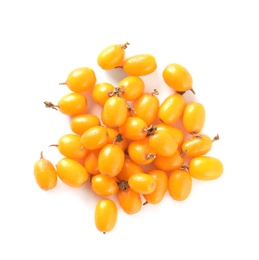 Photo of Fresh ripe sea buckthorn berries on white background, top view