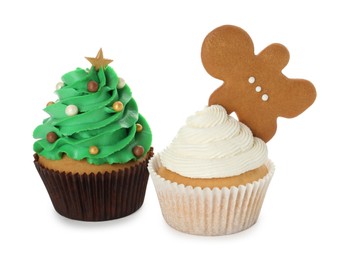 Different beautiful Christmas cupcakes on white background