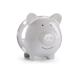 Grey piggy bank on white background. Money saving