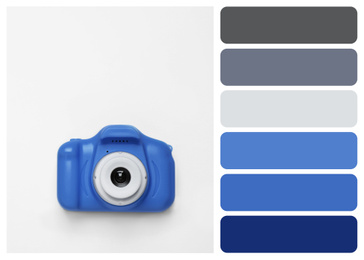 Image of Toy camera on white background, top view. Color of the year 2020 (Classic blue)