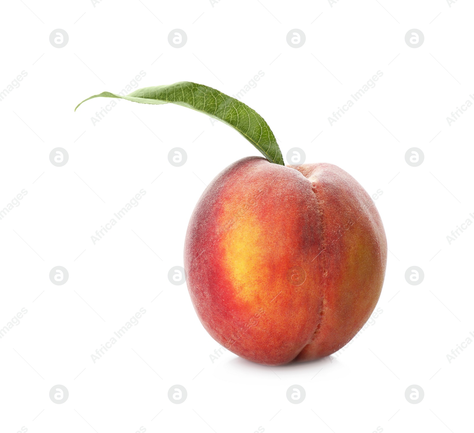 Photo of Delicious ripe juicy peach with leaf isolated on white
