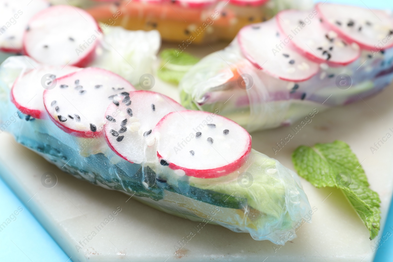 Photo of Delicious spring rolls and mint on light blue background, closeup