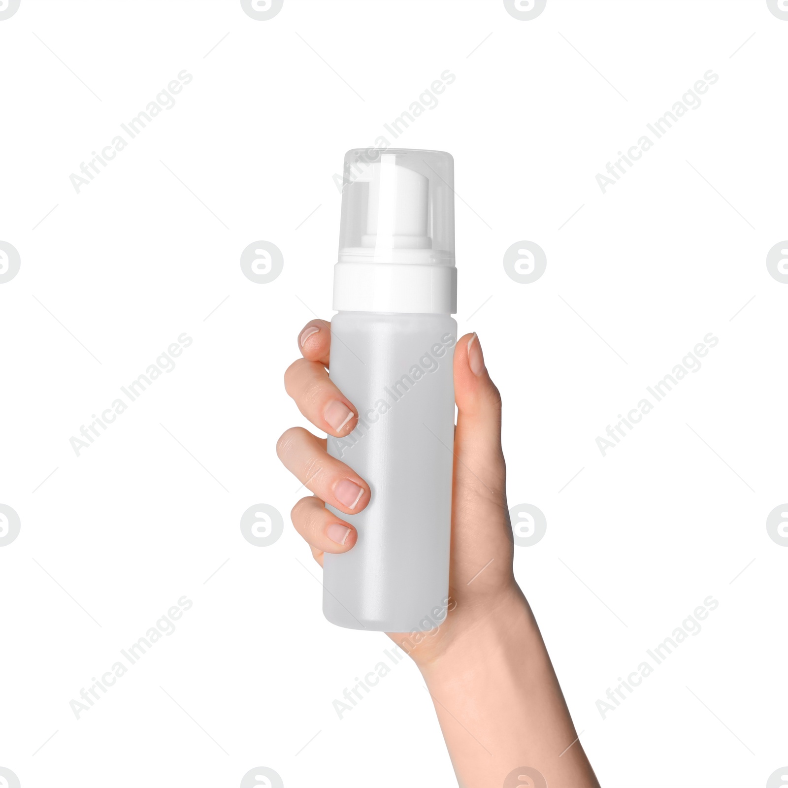 Photo of Woman holding bottle of face cleansing product on white background, closeup