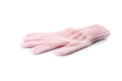 Photo of Pink woolen glove isolated on white. Winter clothes