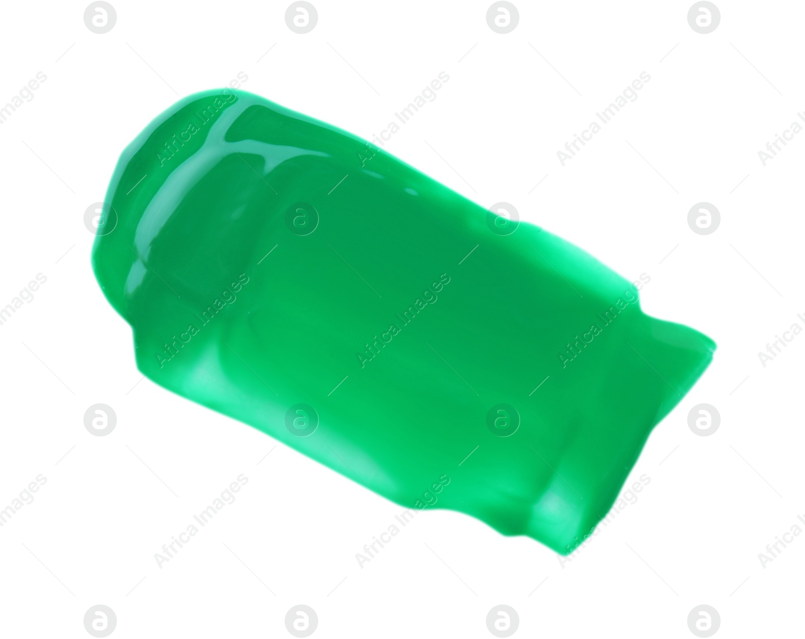 Photo of Green paint sample on white background, top view