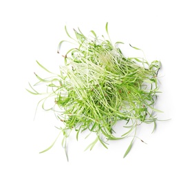 Photo of Pile of fresh microgreen isolated on white, top view