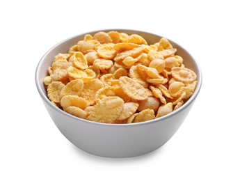 Photo of Bowl of tasty crispy corn flakes isolated on white