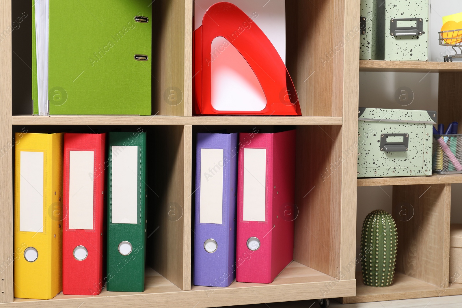 Photo of Colorful binder office folders and other stationery on shelving unit