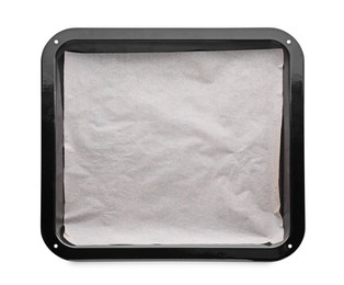 Photo of Baking pan with parchment paper isolated on white, top view