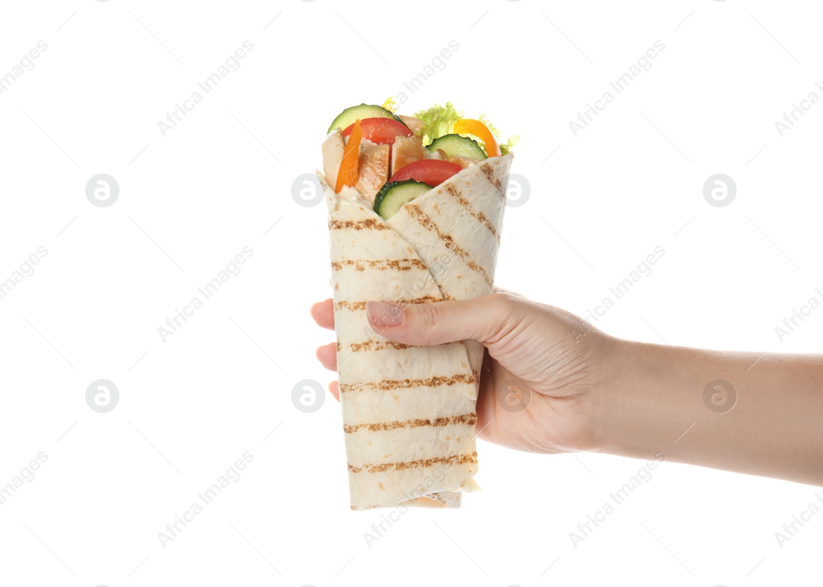 Photo of Woman holding tasty chicken shawarma on white background, closeup