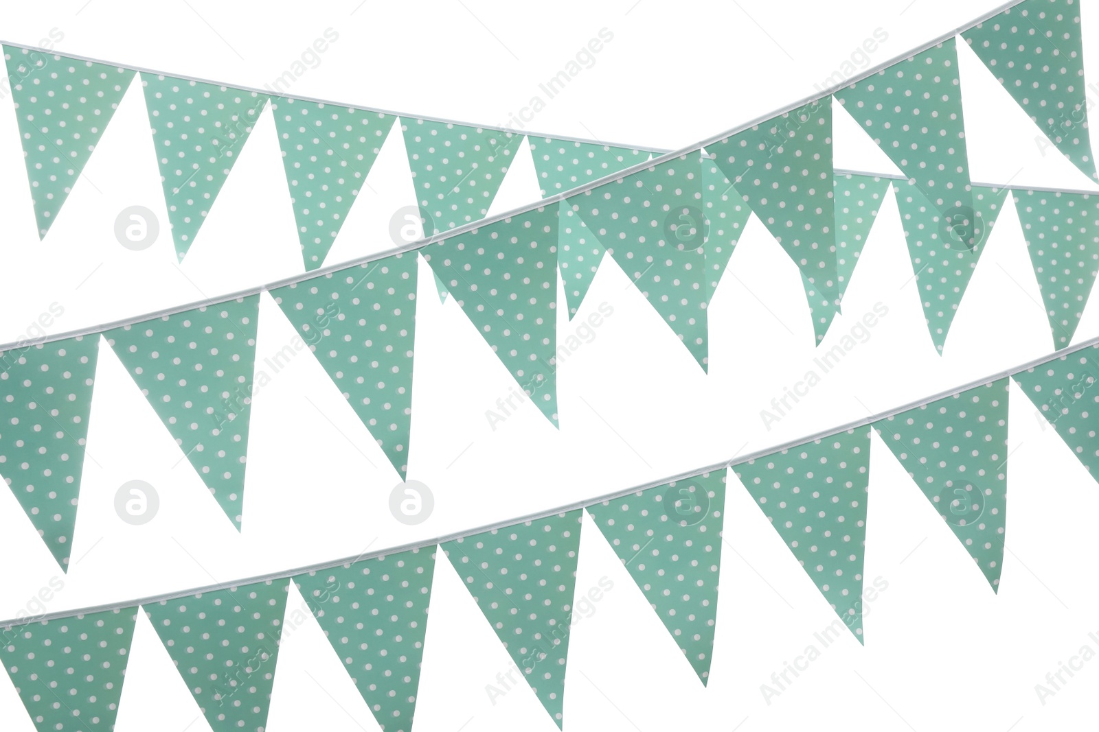 Photo of Rows of triangular bunting flags on white background. Festive decor