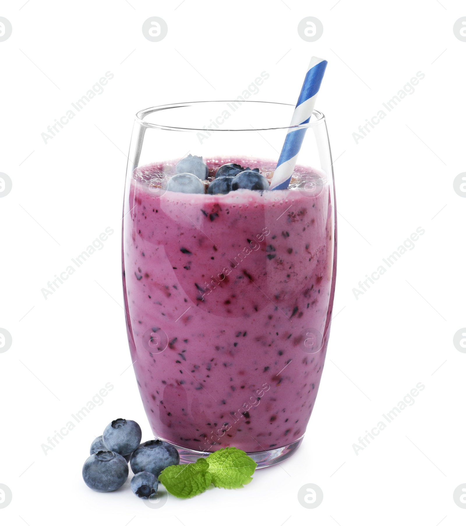 Photo of Glass of tasty blueberry smoothie on white background