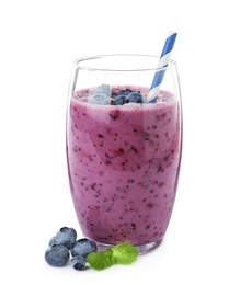 Photo of Glass of tasty blueberry smoothie on white background