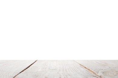 Photo of Empty wooden surface against white background. Mockup for design